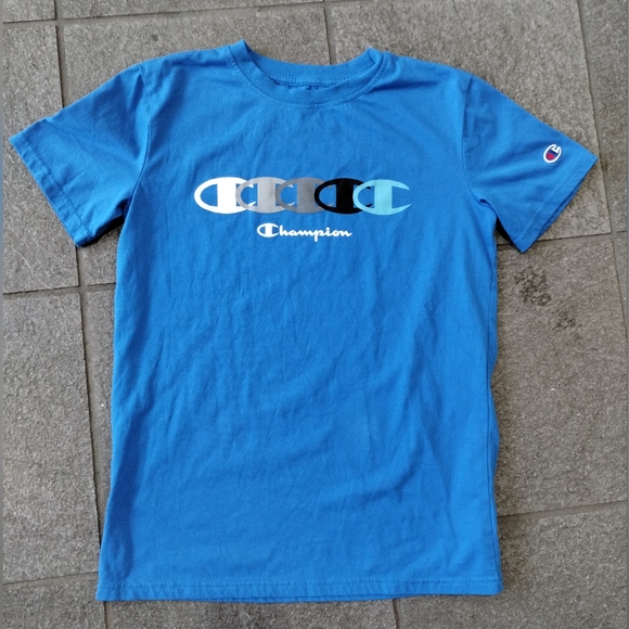 Champion T-Shirt Child Size XL Blue Spell Out Graphic Retro Cotton Short Sleeve - Picture 2 of 7